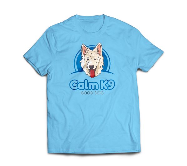 A light blue t-shirt with a picture of a dog.