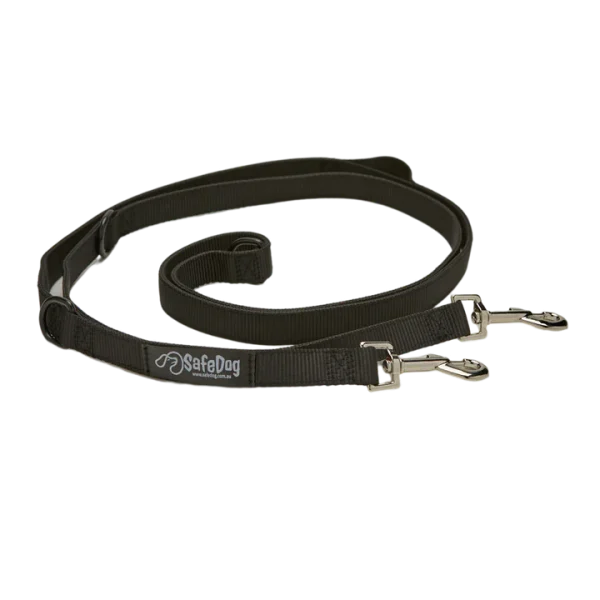 A black strap with two silver metal ends.