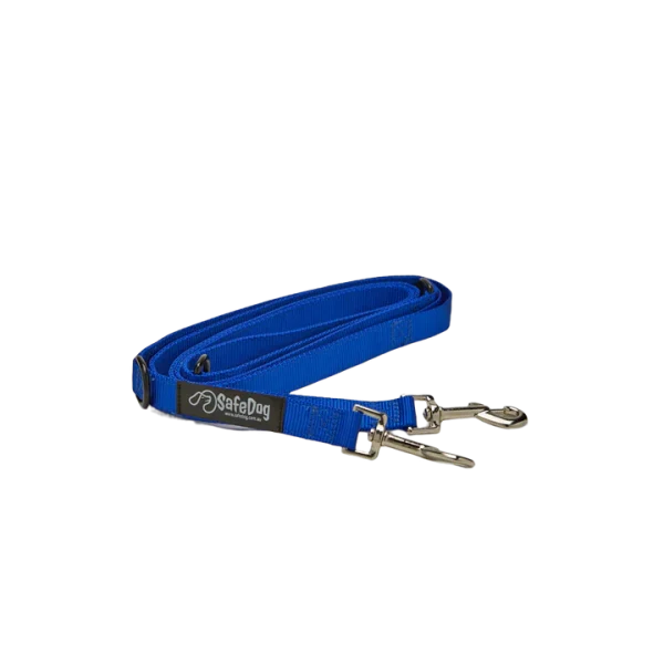 A blue dog leash with metal clip on it.