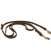 A brown leather dog leash with two gold metal clips.