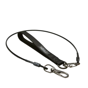 A black leather strap with two metal hooks.