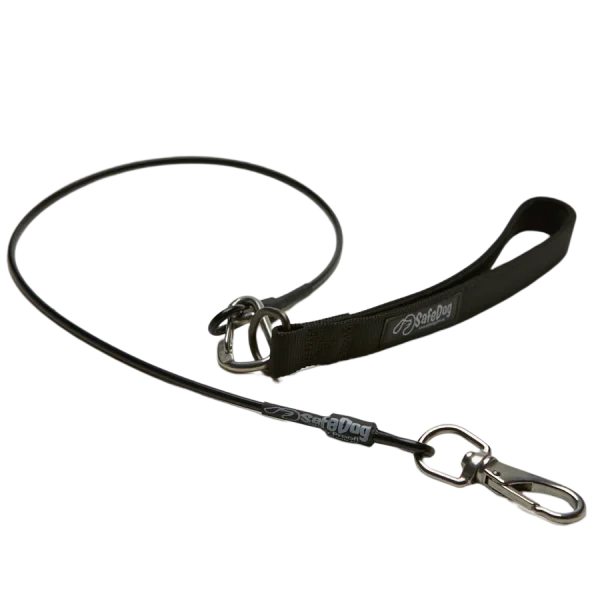 A black lanyard with a metal clip attached to it.