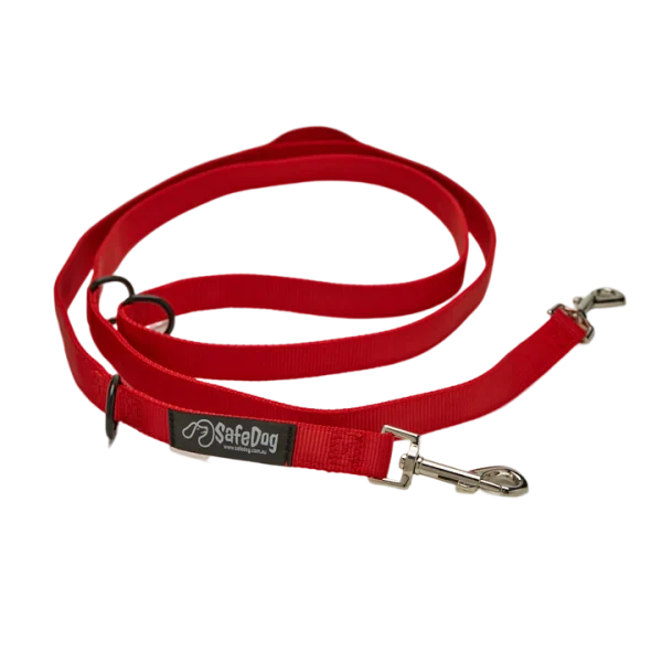 A red leash with two metal clips on it.