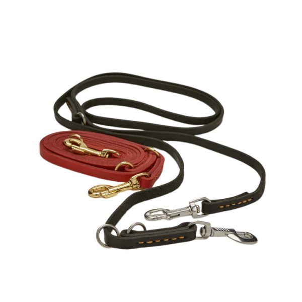 A red and black leash with two gold plated leashes.