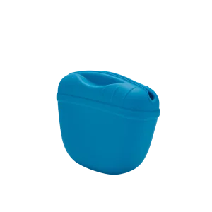 A blue container is sitting on the ground.