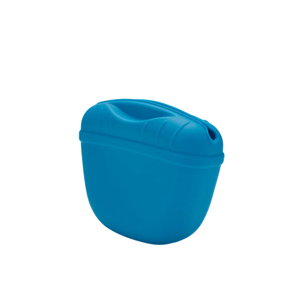 A blue container is sitting on the ground.