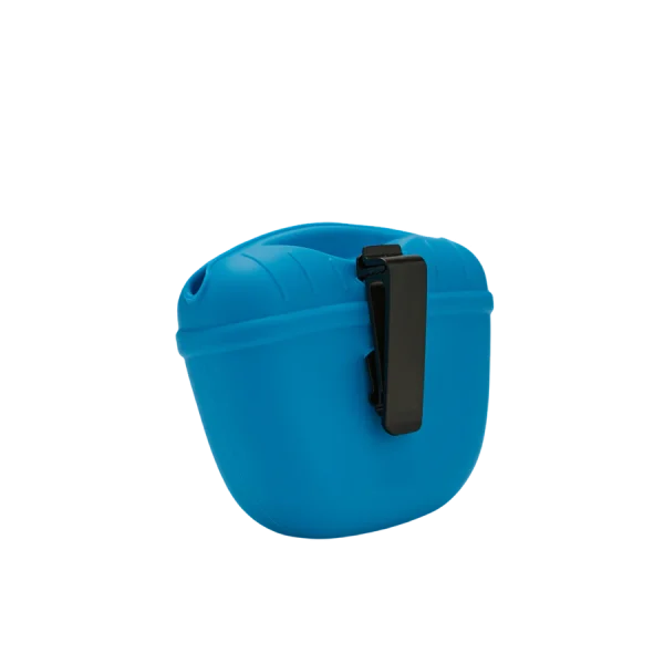 A blue container with a black handle.